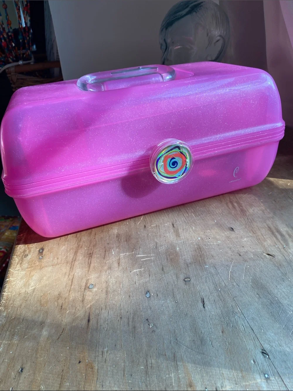 Pink Glitter Translucent Caboodle with Mirror Makeup Caddy Craft Caddy